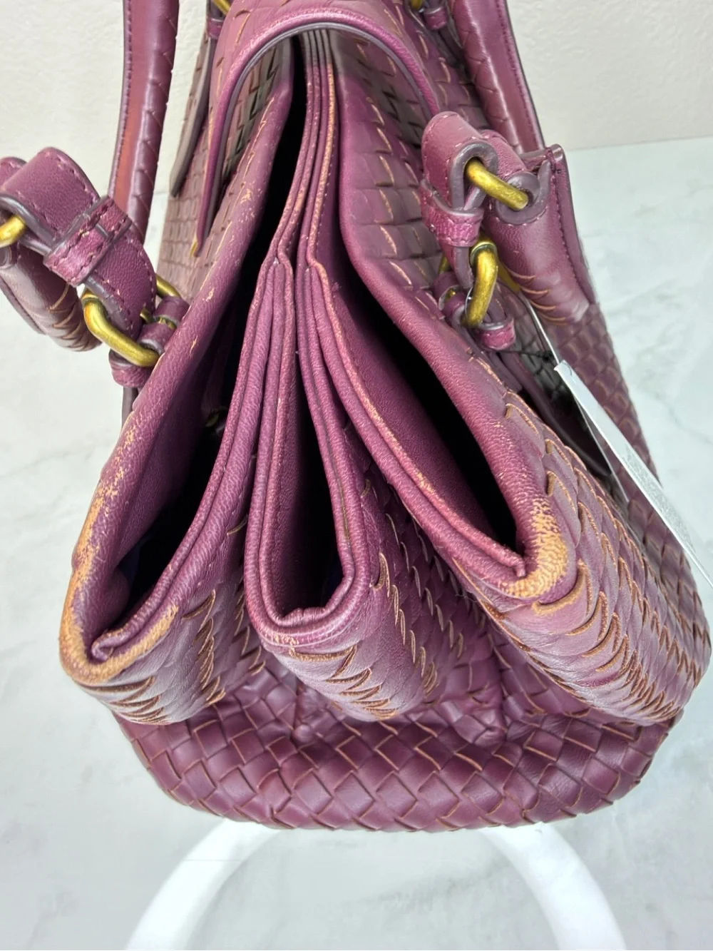 Bottega Veneta Large Roma Intrecciato Gold Wine Burgundy Suede Leather Bag + COA